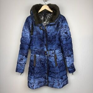 Desigual Coat Patterned Puffer Coat Jacket Blue Black Women's Size 46